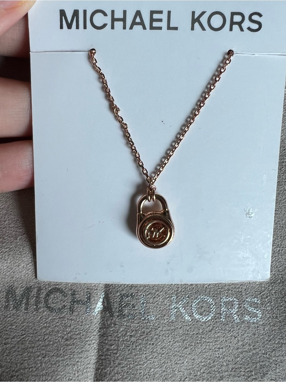 NWT Michael Kors Rose Gold Pave Padlock Necklace with Pink Crystal Center - Picture 4 of 5